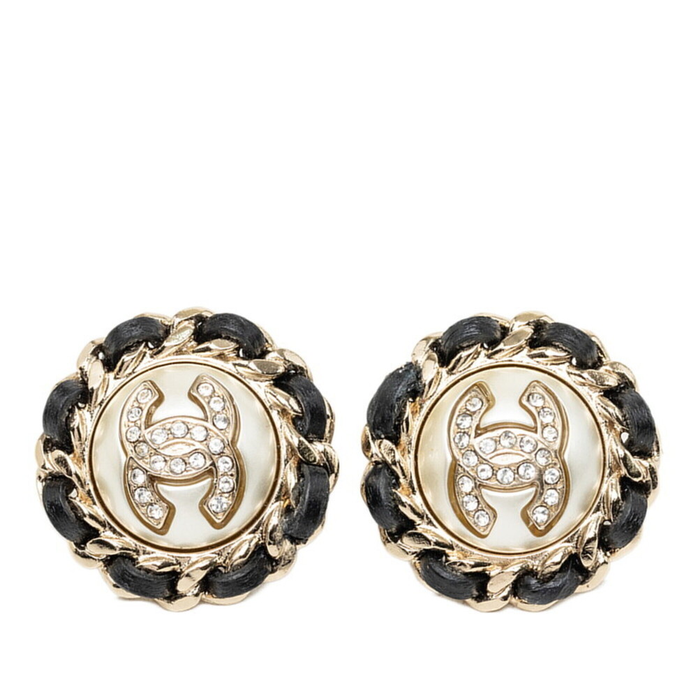 CHANEL Black Pearl Leather Logo Earrings